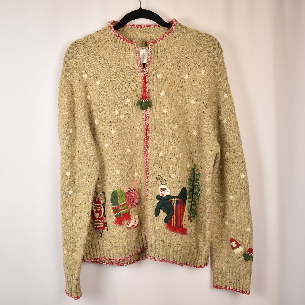 Coldwater Creek Vintage Winter Holiday Novelty Zip Up Sweater Size Medium